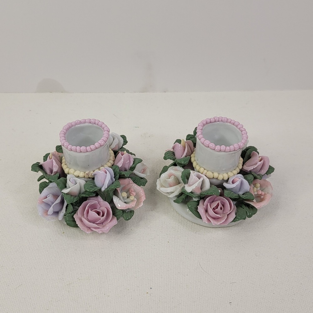 Vintage Porcelain Rose Floral Candle Holder Set Pastel Pink Lavender 2pc